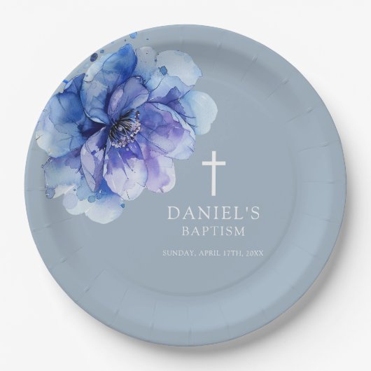Dusty Blue Elegant Watercolor Floral Taufpapier Pappteller (Vorderseite)