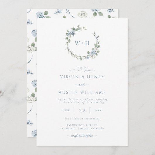 Dusty Blue Elegant Wedding Einladung (Vorne/Hinten)