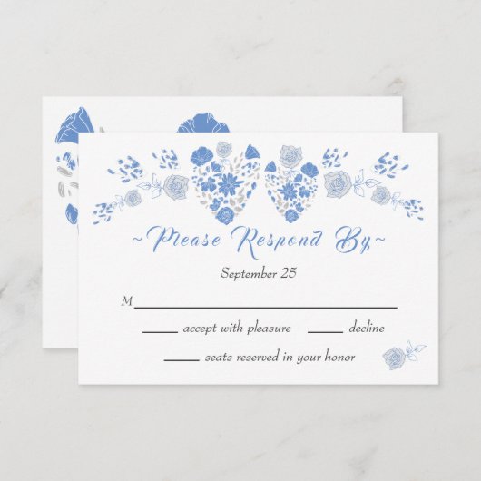 Dusty Blue Elegant White Gray Blumenherz Hochzeit Einladung (Vorne/Hinten)