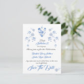 Dusty Blue Elegant White Gray Blumenherz Hochzeit Save The Date (Stehend Vorderseite)
