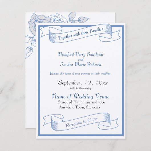 Dusty Blue Elegant White Gray Blumenherz Hochzeit Save The Date (Vorne/Hinten)