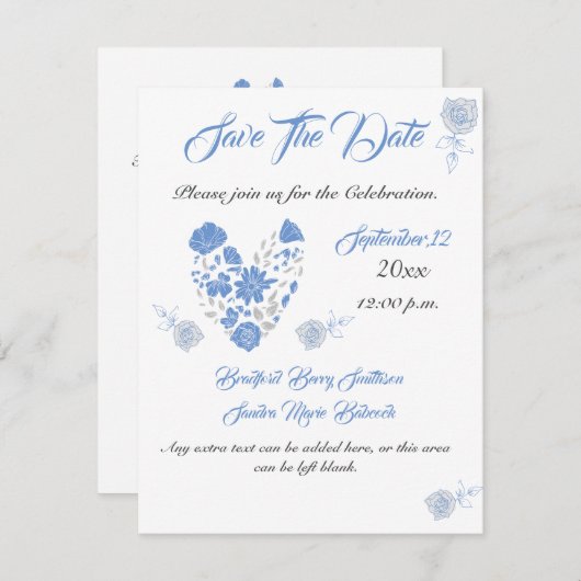 Dusty Blue Elegant White Gray Blumenherz Hochzeit Save The Date (Vorne/Hinten)
