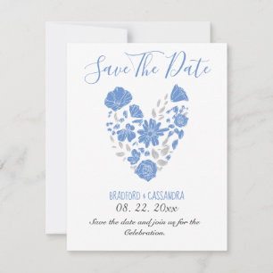 Dusty Blue Elegant White Gray Floral Heart Wedding Save The Date