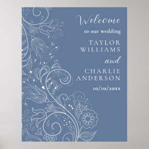 Dusty Blue Elegante Blumenhochzeit Willkommen Poster