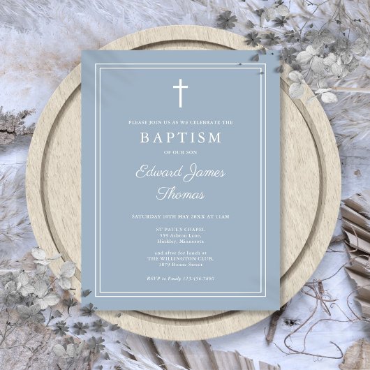 Dusty Blue Elegante Border Baptism Einladung Postkarte