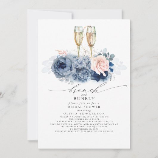 Dusty Blue Elegante Brunch und Bubbly Brautparty Einladung (Vorderseite)