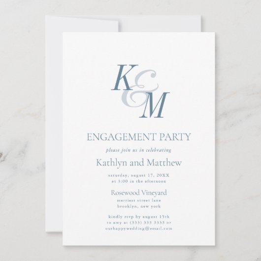 Dusty Blue Elegante Classic Engagement Party Einladung (Vorderseite)