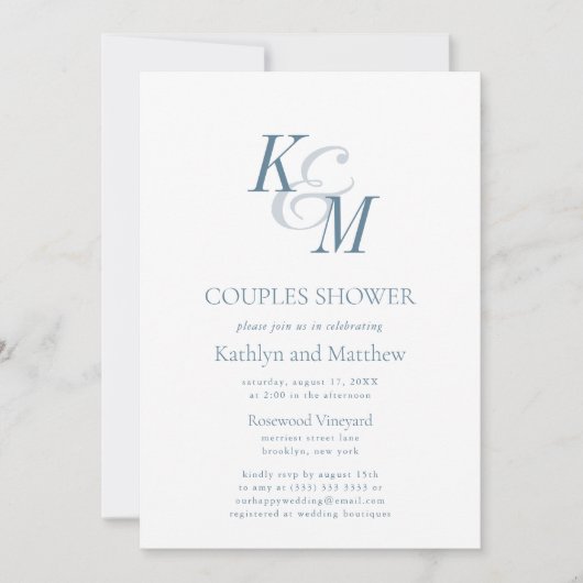 Dusty Blue Elegante Classic Simple Couples Dusche Einladung (Vorderseite)