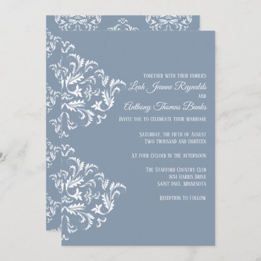 Dusty Blue Elegante Damask Einladung (Vorne/Hinten)