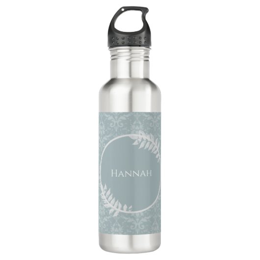 Dusty Blue Elegante Damask Personalisiert Edelstahlflasche (Vorderseite)