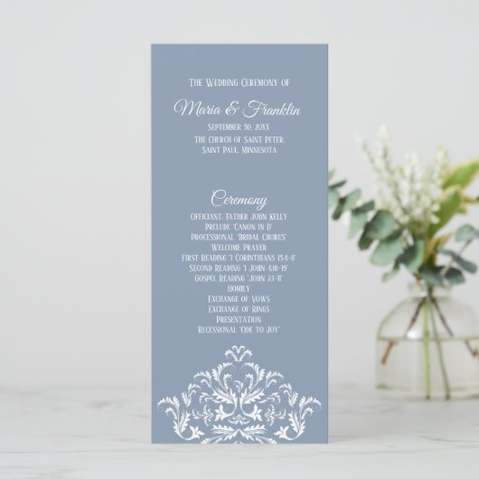 Dusty Blue Elegante Damask Programm Rackkarte (Stehend Vorderseite)