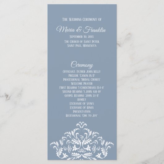 Dusty Blue Elegante Damask Programm Rackkarte (Vorderseite)
