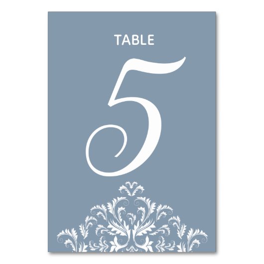 Dusty Blue elegante Damask Table Card Tischnummer (Rückseite)