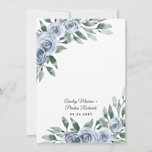 Dusty Blue Elegante Floral Boho Rose Rustikale Hoc Einladung (Rückseite)