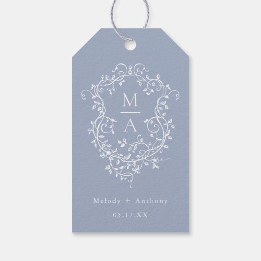 Dusty Blue Elegante French Floral Wappen Wedding Geschenkanhänger (Rückseite)
