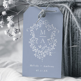 Dusty Blue Elegante French Floral Wappen Wedding Geschenkanhänger