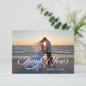Dusty Blue Elegante Lettering Wedding Foto Dankeskarte (Stehend Vorderseite)