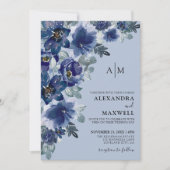 Dusty Blue Elegante Moderne Blumenhochzeit Einladung (Vorderseite)
