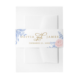 Dusty Blue Elegante Rosa Flora Rustikale Hochzeit  Einladungsbanderole