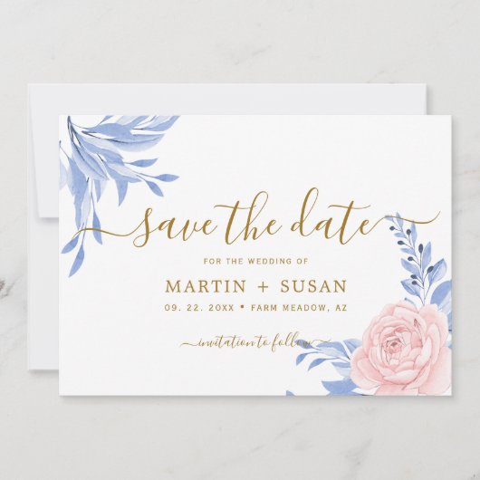Dusty Blue Elegante Rosa Flora Rustikale Hochzeit Save The Date (Vorderseite)