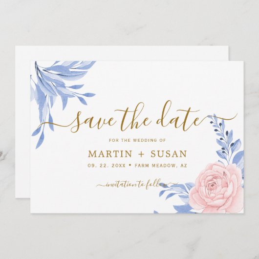 Dusty Blue Elegante Rosa Flora Rustikale Hochzeit Save The Date (Vorne/Hinten)