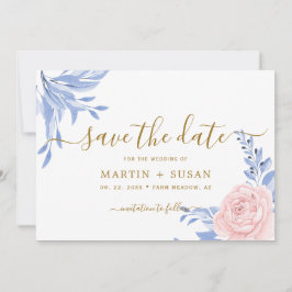 Dusty Blue Elegante Rosa Flora Rustikale Hochzeit Save The Date