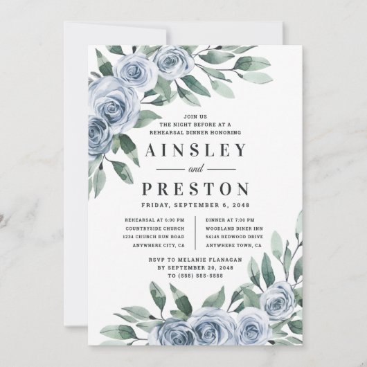 Dusty Blue Elegante Rustikale Probe Abendessen Einladung (Vorderseite)