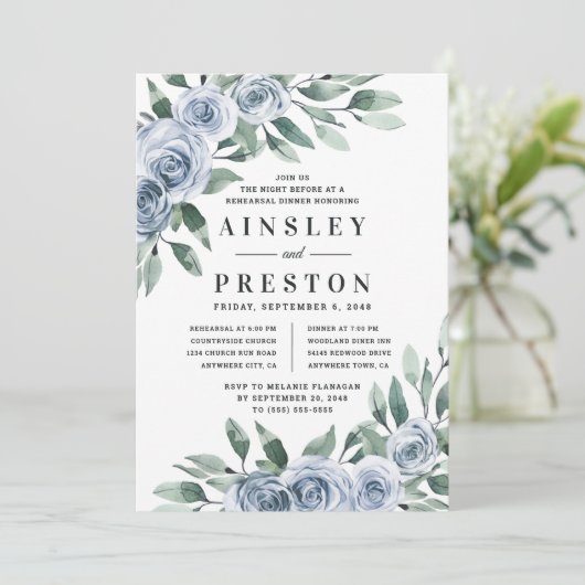 Dusty Blue Elegante Rustikale Probe Abendessen Einladung (Stehend Vorderseite)