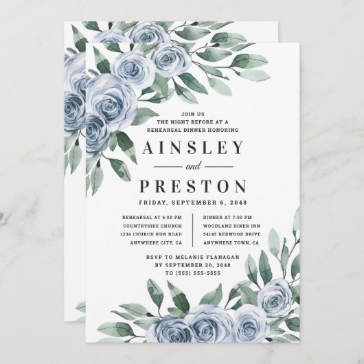 Dusty Blue Elegante Rustikale Probe Abendessen Einladung (Vorne/Hinten)