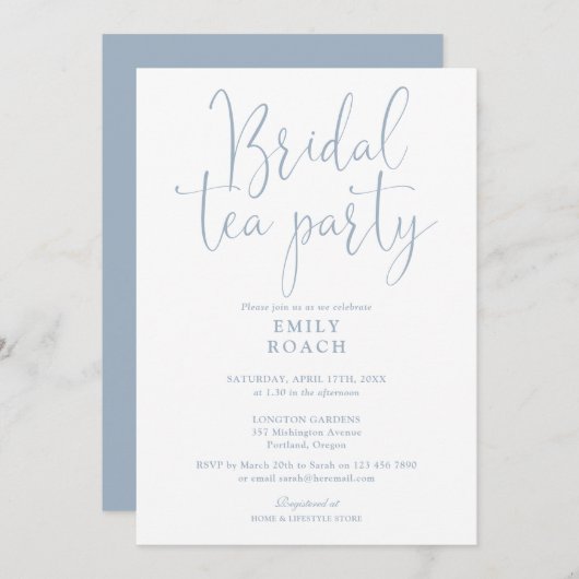 Dusty Blue Elegante Script Bridal Tea Party Dusche Einladung (Vorne/Hinten)