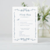 Dusty Blue Elegante Vintage Blumenhochzeit RSVP Karte (Stehend Vorderseite)