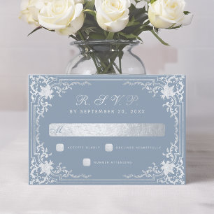 Dusty Blue Elegante Vintage Imitate Silberhochzeit RSVP Karte