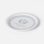 Dusty Blue Elegante Vintage Rose Wappen Hochzeit Pappteller (Schrägansicht)