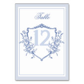 Dusty Blue Elegante Vintage Rose Wappen Hochzeit Tischnummer (Rückseite)