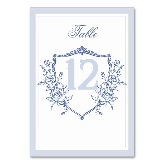 Dusty Blue Elegante Vintage Rose Wappen Hochzeit Tischnummer (Vorderseite)