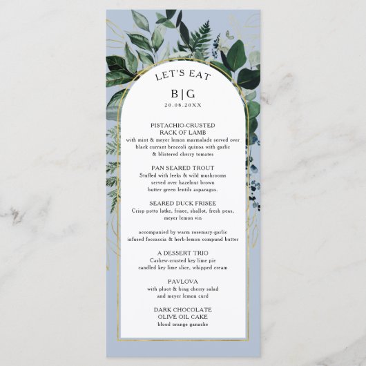 Dusty Blue elegante Wasserfarbe verlass Hochzeitse Menükarte (Vorderseite)