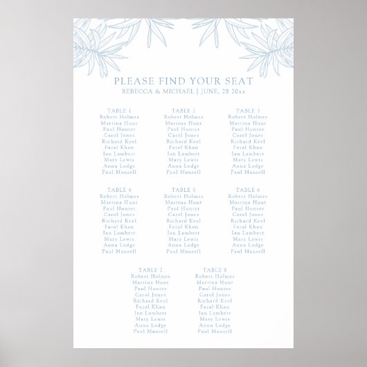 Dusty Blue Eleganto Botanical Seating Chart Poster (Vorne)