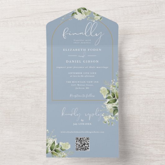 Dusty Blue Endarch GreeneryQR Code Wedding All In One Einladung (Innen Boden)
