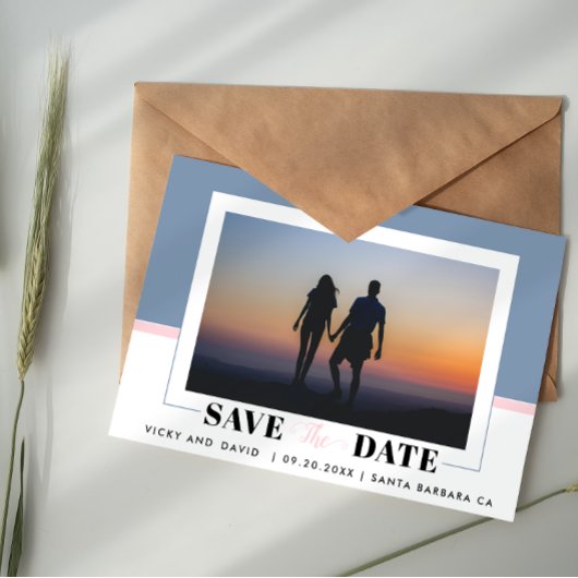 Dusty blue, errush pink wedding Save the Date Foto Postkarte