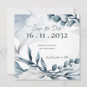 Dusty Blue Eucalyptus Blätter Elegante Wedding Save The Date (Vorderseite)