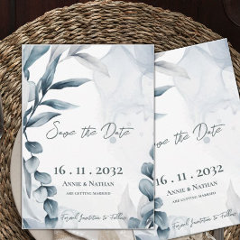 Dusty Blue Eucalyptus Blätter Elegante Wedding Save The Date
