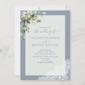 Dusty Blue Eucalyptus Botanical Wood Foto Wedding Einladung (Vorderseite)