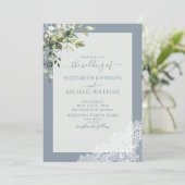 Dusty Blue Eucalyptus Botanical Wood Foto Wedding Einladung (Stehend Vorderseite)