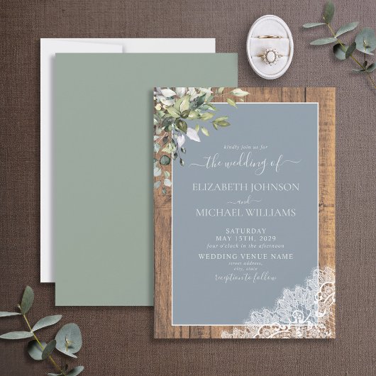 Dusty Blue Eucalyptus Botanical Wood Wedding Einladung