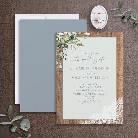 Dusty Blue Eucalyptus Botanical Wood Wedding Einladung
