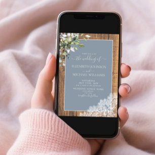 Dusty Blue Eucalyptus Botanical Wood Wedding Einladung