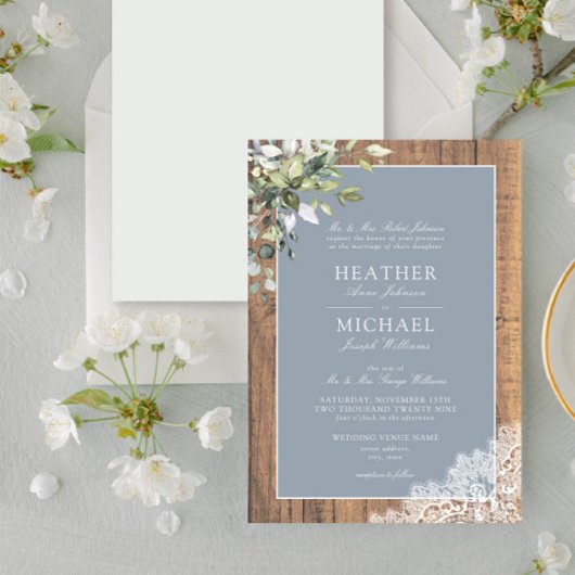 Dusty Blue Eucalyptus Botanical Wood Wedding Invit Einladung