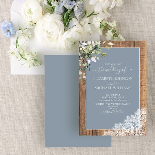 Dusty Blue Eucalyptus Botanical Wood Wedding Invit Einladung