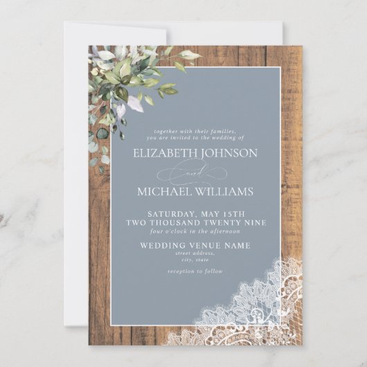 Dusty Blue Eucalyptus Botanical Wood Wedding Invit Einladung (Vorderseite)
