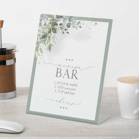 Dusty Blue Eucalyptus Brautparty Mimosa Bar Sockelschild (In SItu)